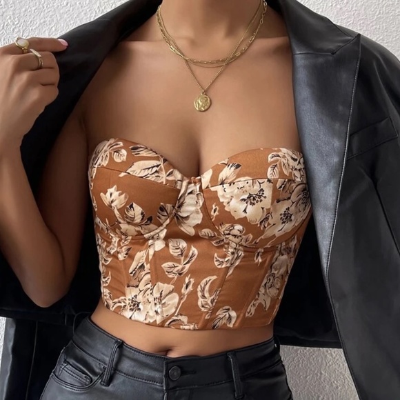 Boho floral print lace up back satin bustier corset tube top - Picture 9 of 11